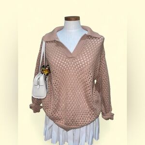Aerie Open Knit Polo Sweater 100% Cotton Sz M in Tan